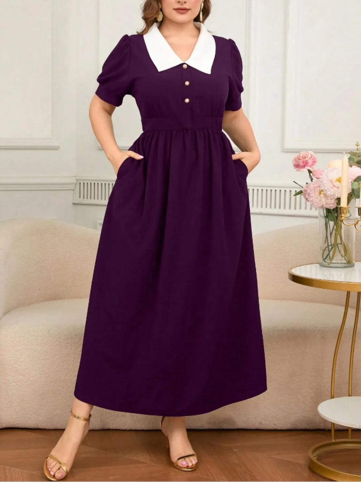 Contrast Collar Short Sleeve Dress