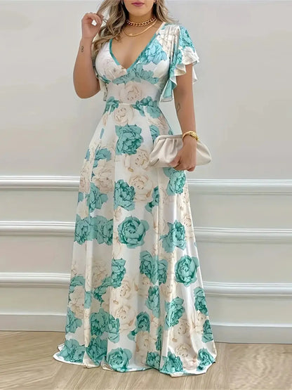 Floral Print V-Neck Maxi Dress with Flutter Sleeves