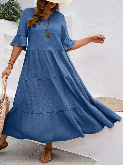 Ruffle Sleeves Tiered Midi Dress