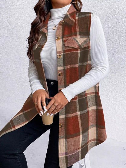 Pocketed Plaid Button Up Vest Coat