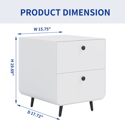 Modern Night Stand Storage Cabinet For Living Room Bedroom, Steel Cabinet With 2 Drawers, Bedside Furniture, Circular Handle - White