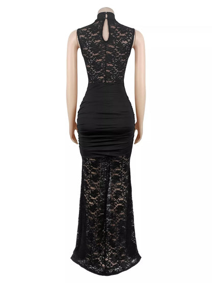 Lace Keyhole High-Slit Maxi Dress