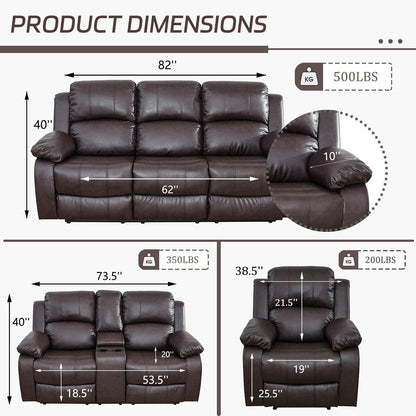 Manual Recliner Sofa Set Brown Three Piece Living Room Furniture