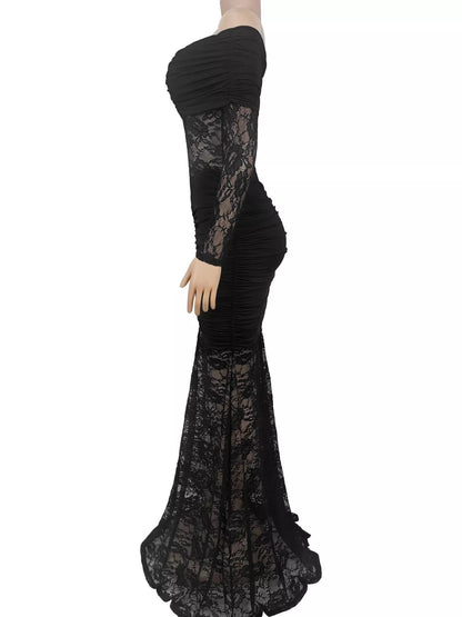 Off-Shoulder Ruched Lace Mermaid Maxi Dress
