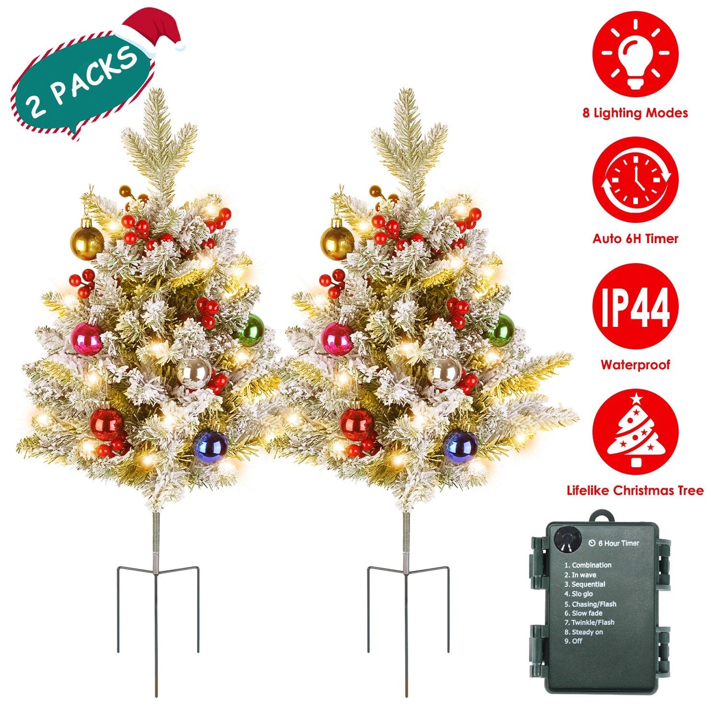 2Pcs Battery Powered Lighted Christmas Tree Urn Filler With Light Artificial Xmas Trees Light with Berries Balls LED Pathway Pine Tree IP44 Waterproof