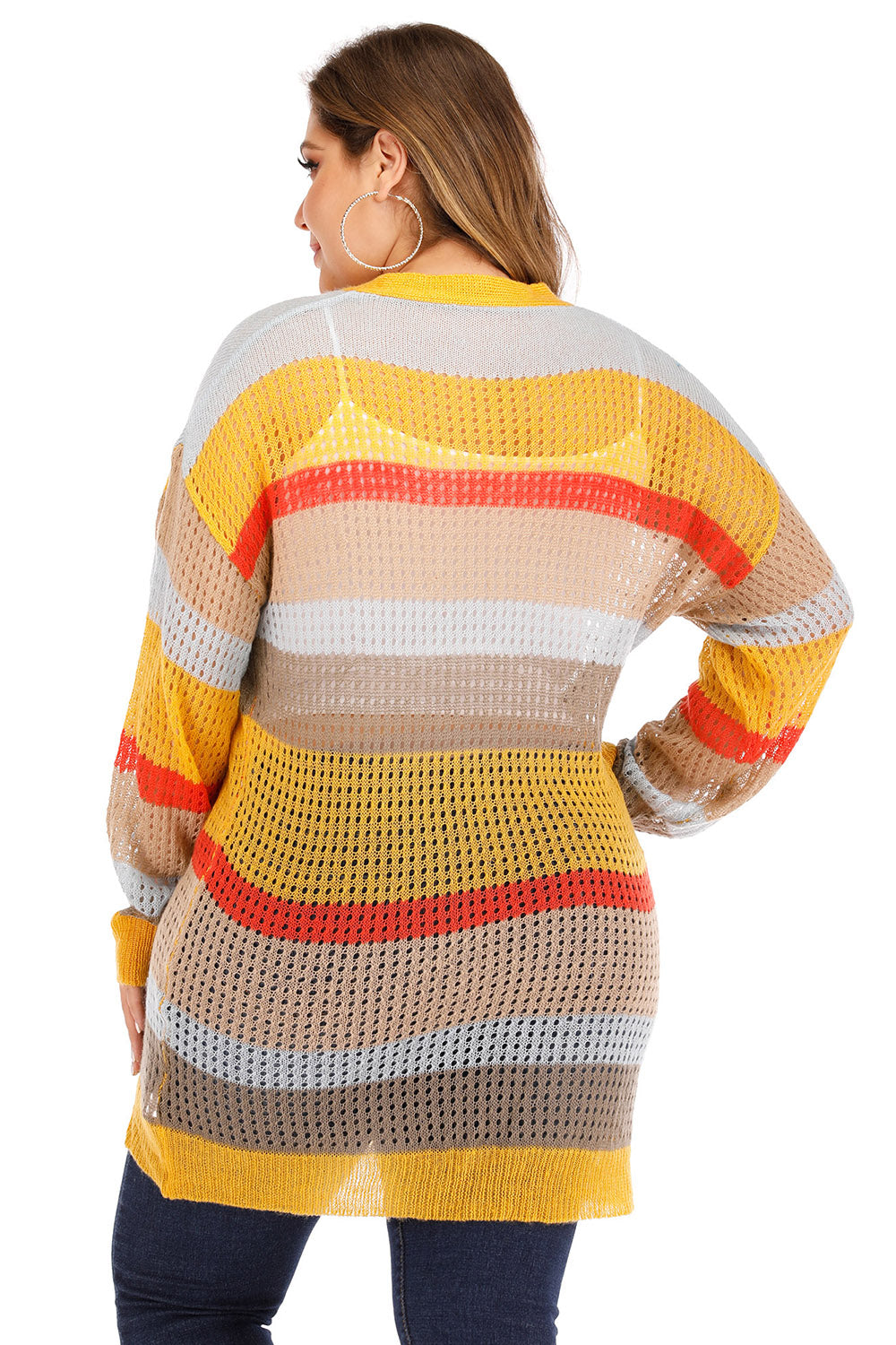 Openwork Color Block Button Up Cardigan