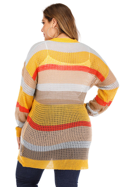 Openwork Color Block Button Up Cardigan