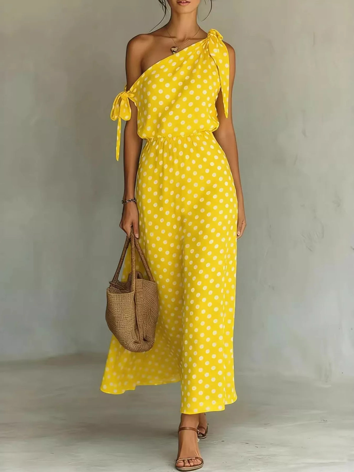 Polka Dot One-Shoulder Maxi Dress