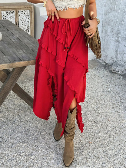 Devine Slit Drawstring Ruffled Skirt