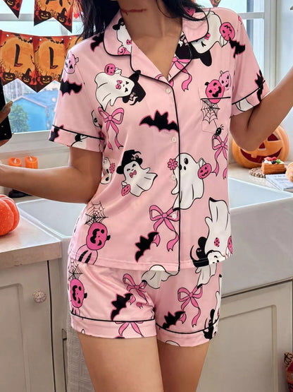 Halloween Ghost Print Button-Down Top and Shorts Lounge Set