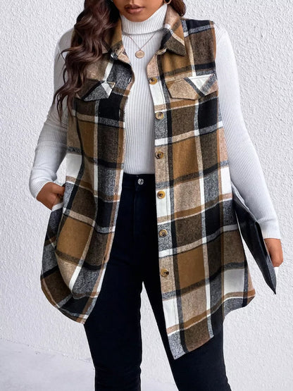 Pocketed Plaid Button Up Vest Coat