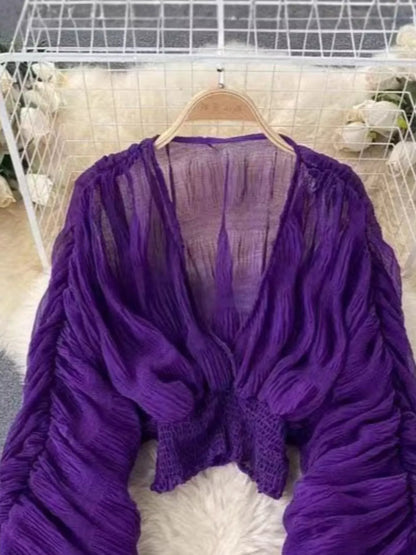 Smocked Ruched Long Sleeve Blouse