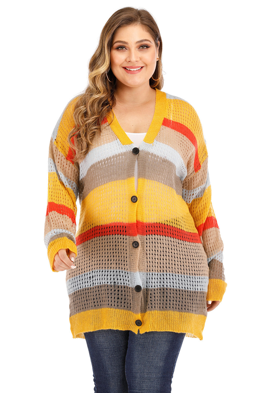 Openwork Color Block Button Up Cardigan