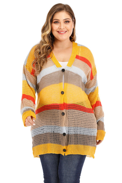 Openwork Color Block Button Up Cardigan