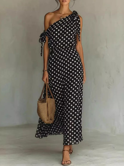 Polka Dot One-Shoulder Maxi Dress