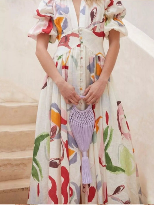 Abstract Print Puff Sleeve Midi Dress