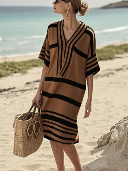 Striped Half Sleeve Midi Dress