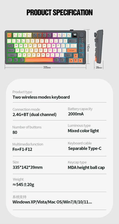 Wireless Keyboard 80 Key 80% Layout Spanish Russian Arabic Korean Keyboard Mouse Set Bluetooth 2.4G 2000mAh Type C K92 Backlight
