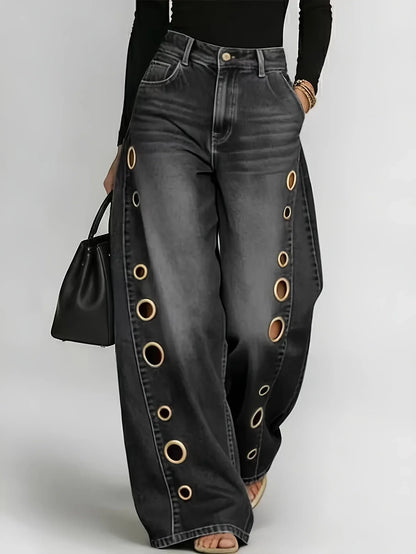 Retro-style wide-leg jeans with metallic eyelets, high-waisted, loose, floor-length fit, gradient eyelets of varying sizes on both sides, distressed washed finish, classic front and back pockets, perfect for everyday casual w