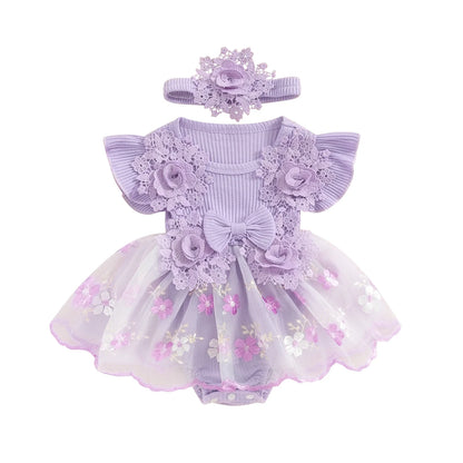 3D Flower Summer Baby Girls Romper Princess Mesh Newborn Clothes Lace Patchwork Ruffle Bodysuit Dress Headband Kids Clothing
