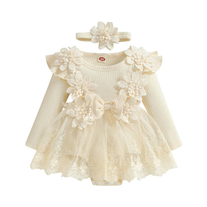 3D Flower Summer Baby Girls Romper Princess Mesh Newborn Clothes Lace Patchwork Ruffle Bodysuit Dress Headband Kids Clothing