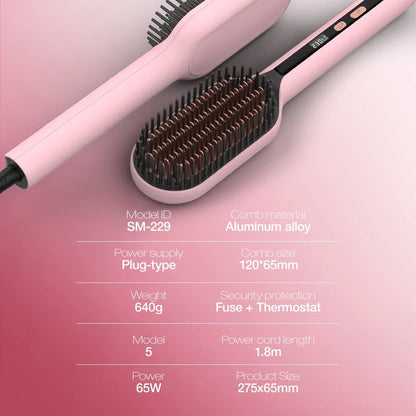 Electric Hair Straightening Brush, 45s Fast Heat-Up, 5 Temp Modes Hot Straightener Comb, 360° Swivel Cord, Smooth Hair, 120-240V