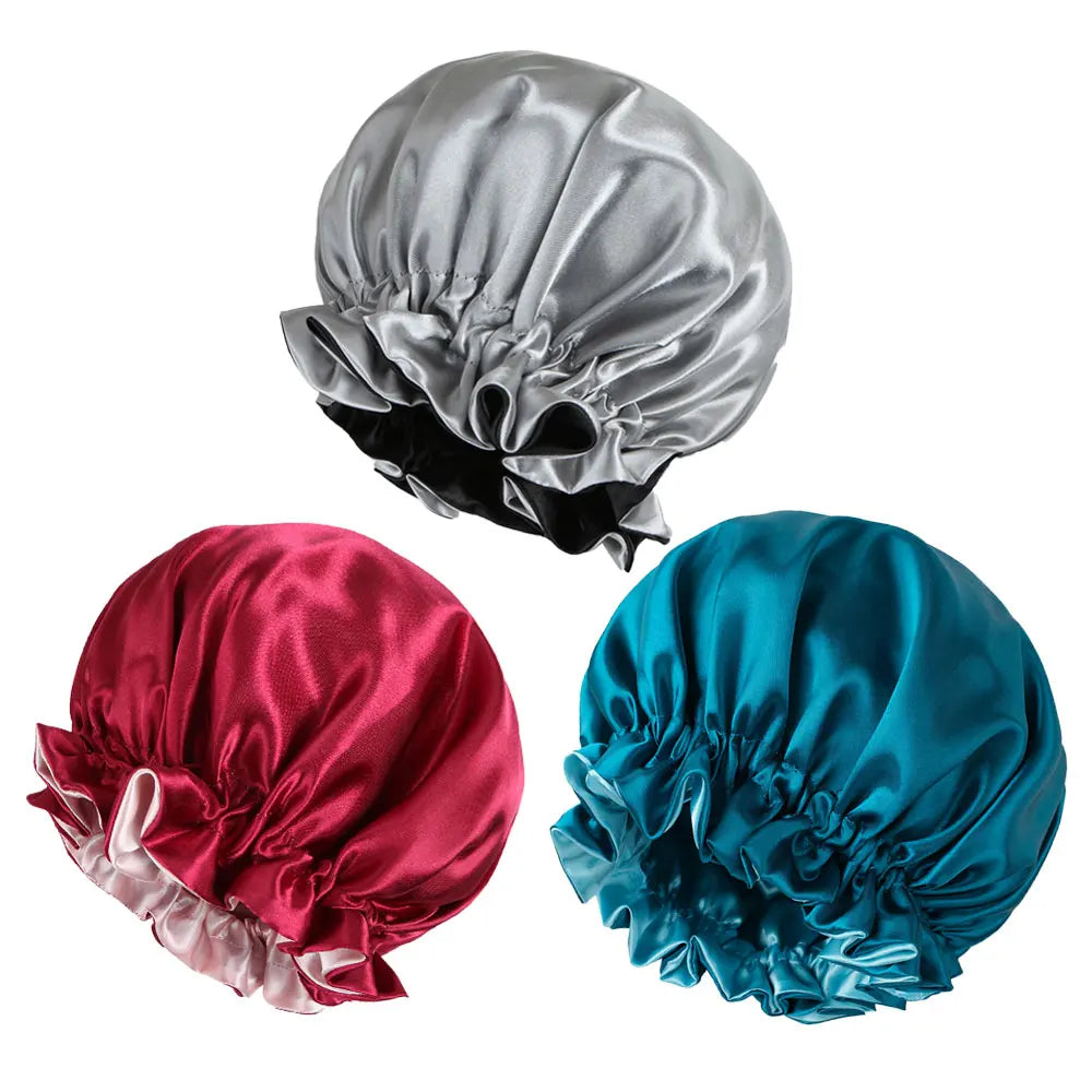 3pcs Reversible Elegant Satin Sleep Bonnets with Ruffled Design, Double Layer Sleeping Caps, Elastic Band, Soft Hair Bonnets for