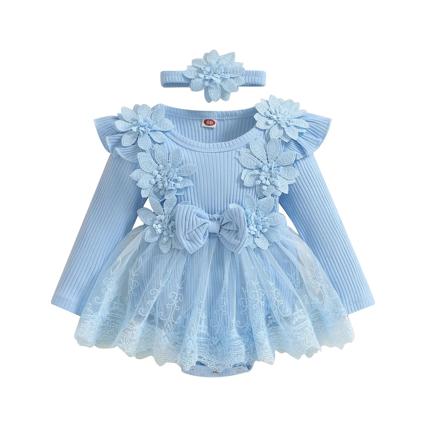 3D Flower Summer Baby Girls Romper Princess Mesh Newborn Clothes Lace Patchwork Ruffle Bodysuit Dress Headband Kids Clothing