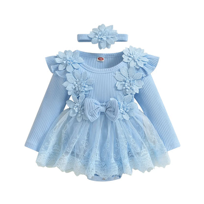 3D Flower Summer Baby Girls Romper Princess Mesh Newborn Clothes Lace Patchwork Ruffle Bodysuit Dress Headband Kids Clothing