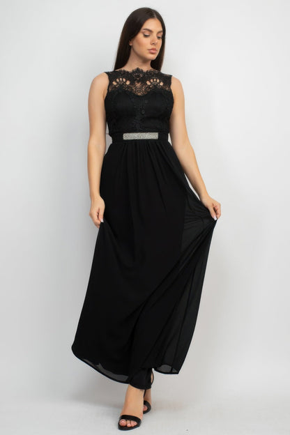 Jewel Waist-tie Lace Maxi Dress