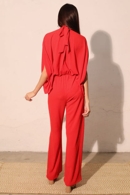 Textured Solid Mock Neck Caftan Jumpsuit