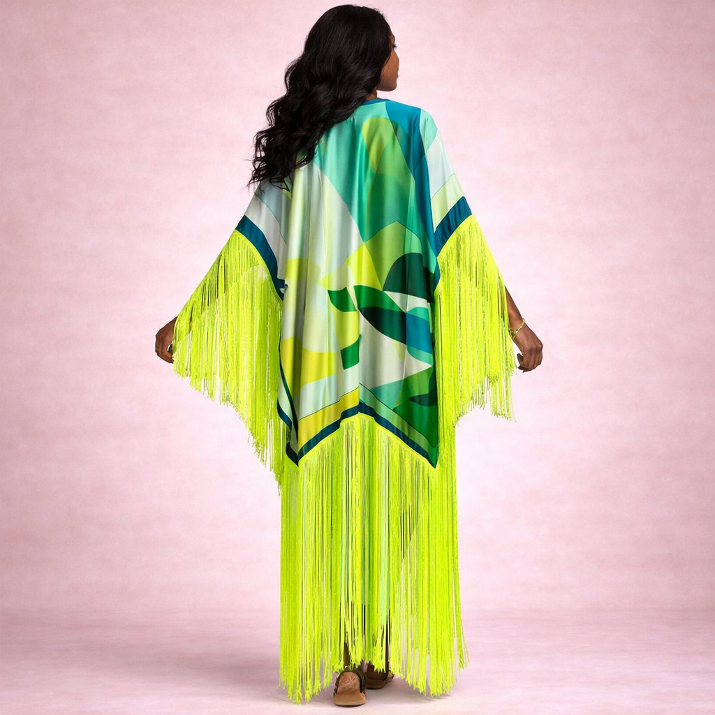 Tasseled Kimono Cover Up – Neon Tropical Oasis Beach Wrap