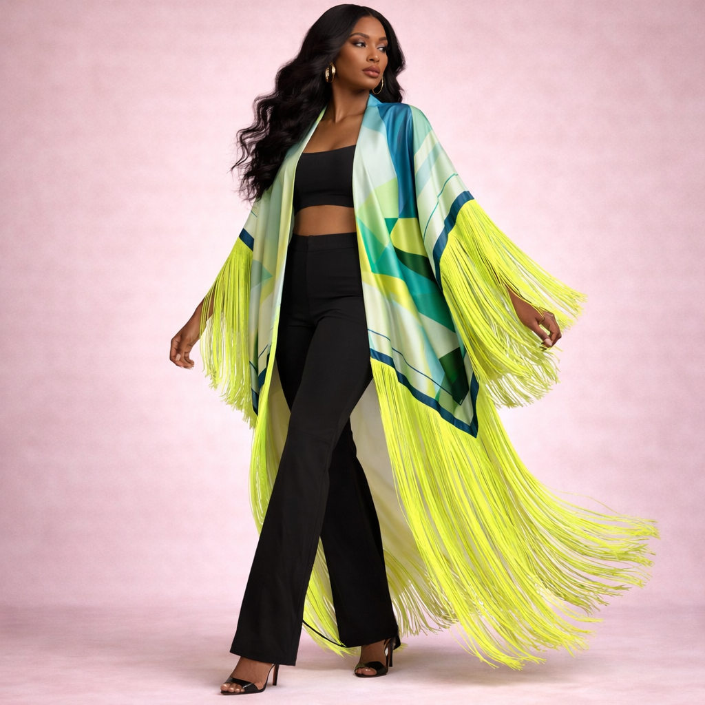 Tasseled Kimono Cover Up – Neon Tropical Oasis Beach Wrap