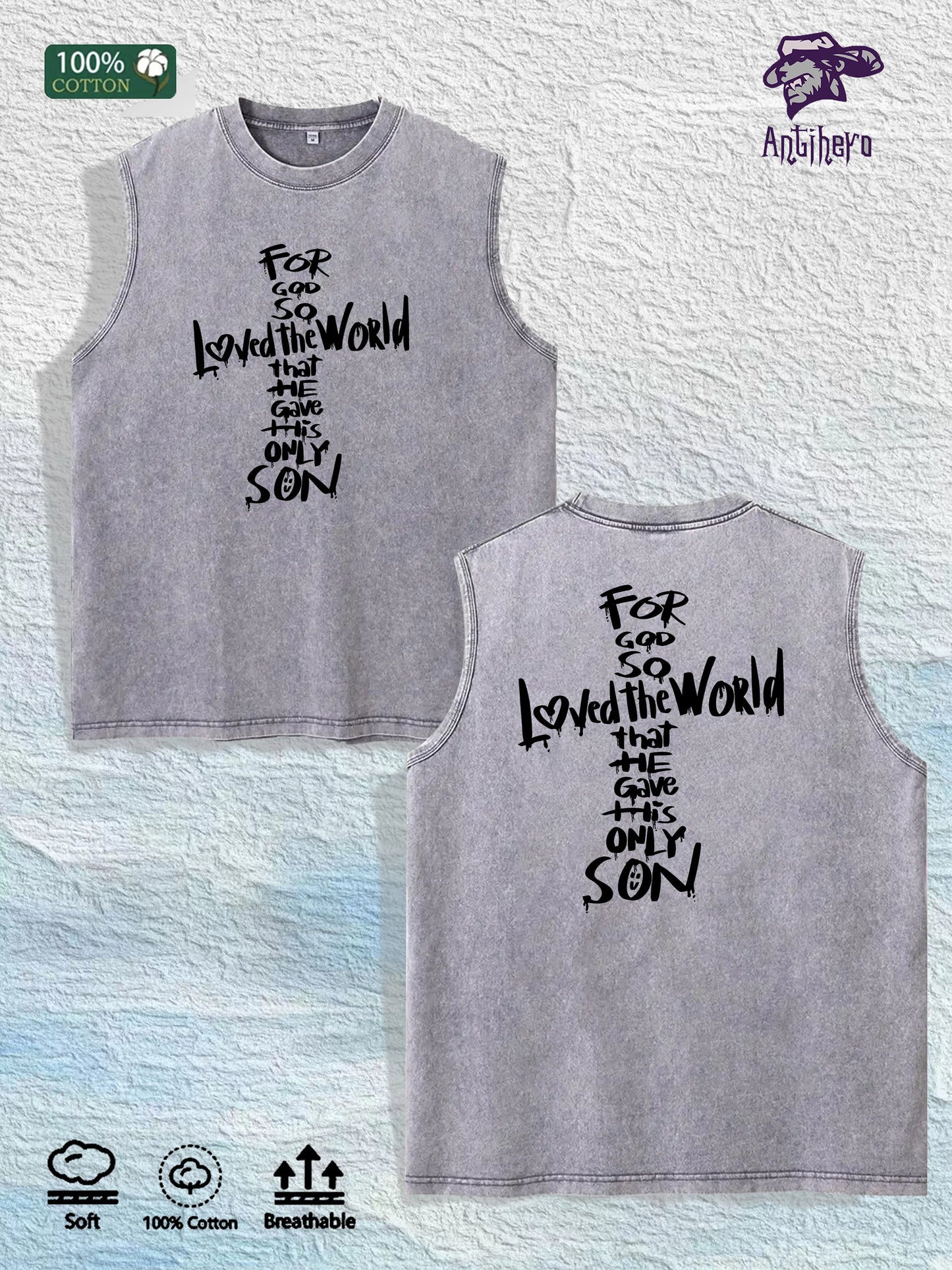For God so Loved the World Graphic Washed Vest US Warehouse 3 Colors Cotton Tank