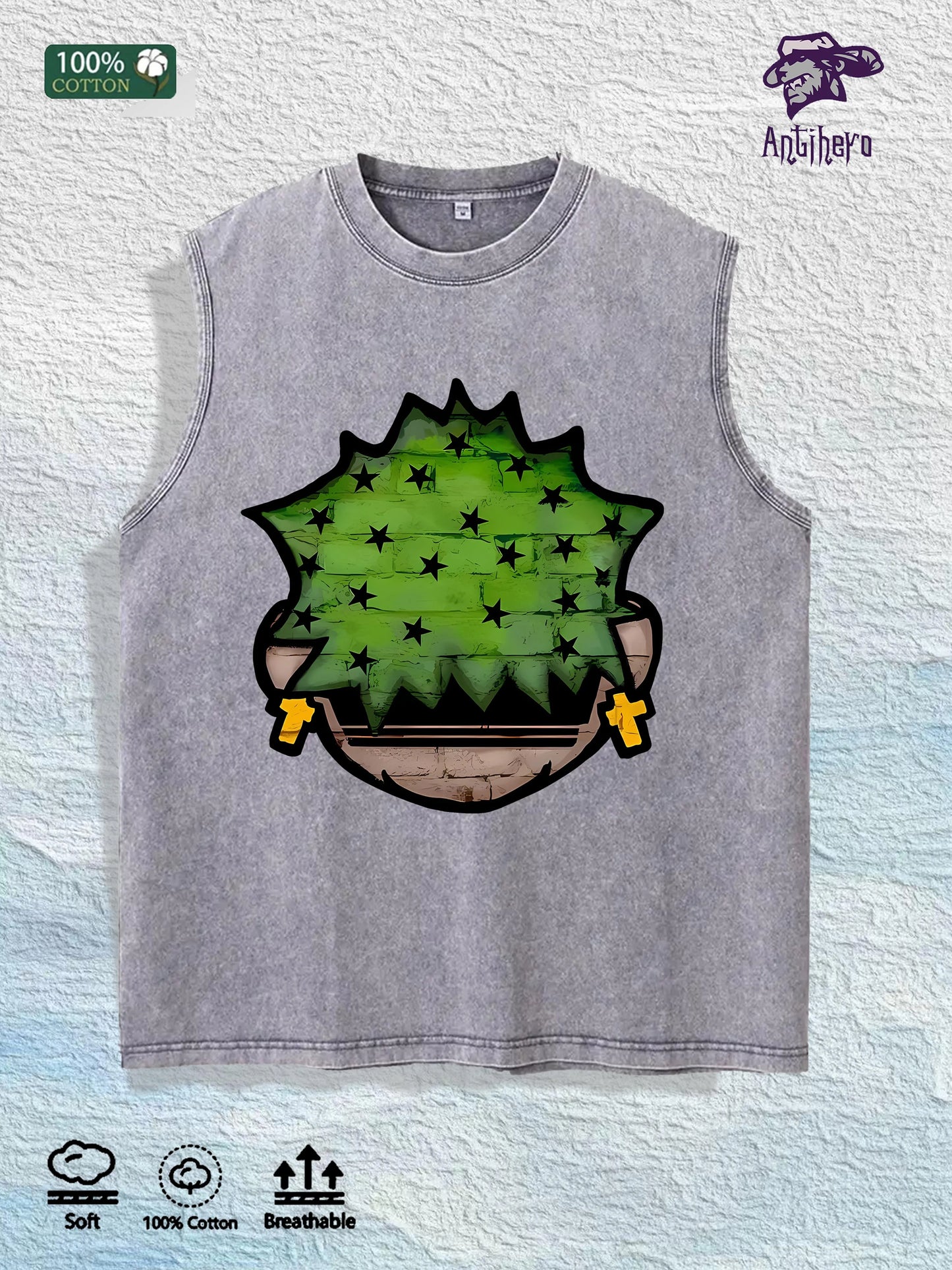 Cartoon Plant Graphic Washed Vest US Warehouse 3 Colors Cotton Tank