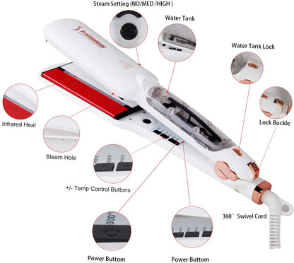 RUCHA Infrared Steam Hair Straightener 2 Inches Wide Plate Hair Salon Steampod Ironing Styler Ceramic Tourmaline Flat Iron