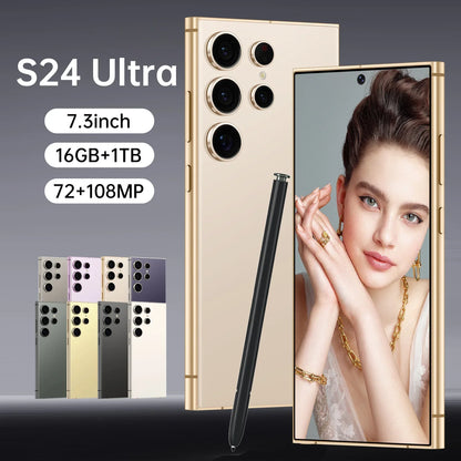 S24 Ultra 7.3 108MP Camera Phone with 8000mAh 65W Night Photography Features Dual SIM MTK Smart HD 2K Screen Face ID Recognition