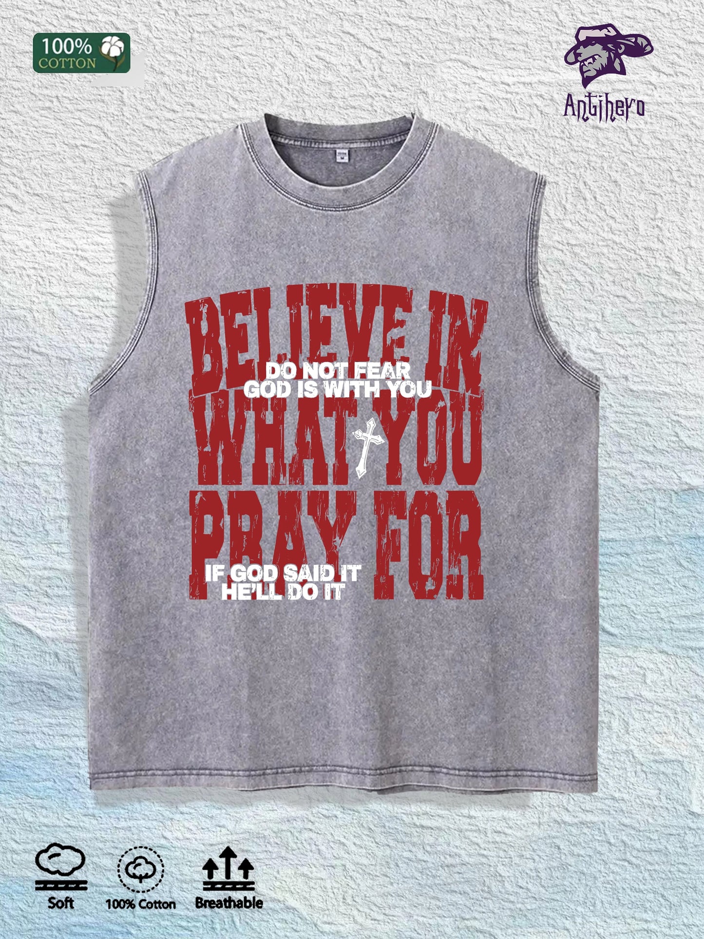 BELIEVE in WHAT YOU PRAY for Graphic Washed Vest US Warehouse 3 Colors Cotton Tank