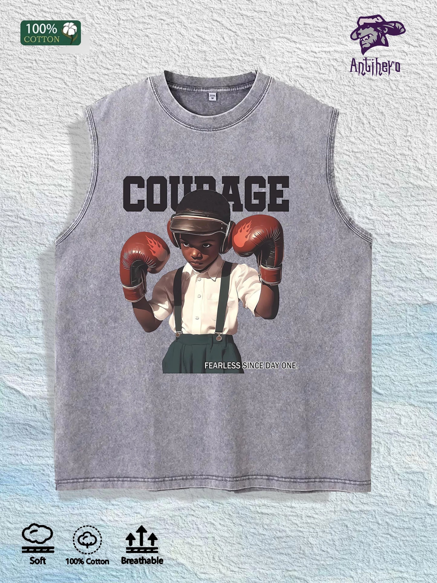 COURAGE Fearless Graphic Washed Vest US Warehouse 3 Colors Cotton Tank
