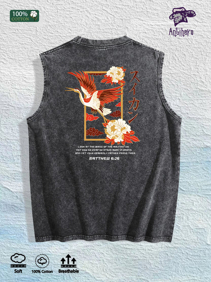 Oriental Peony & Crane Graphic Washed Vest US Warehouse 3 Colors Cotton Tank