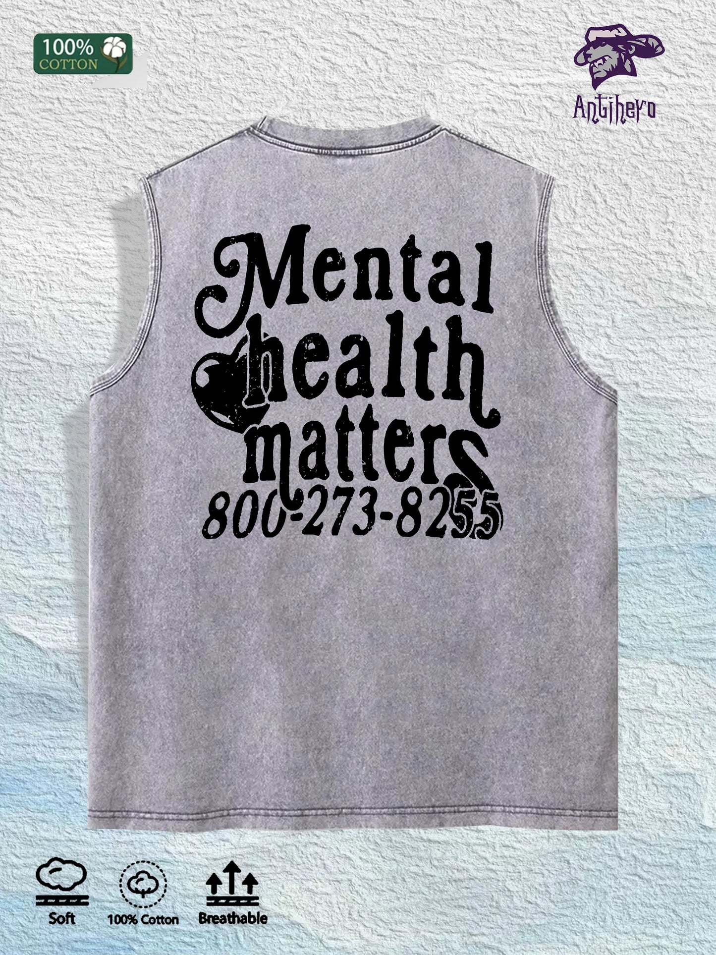 Mental Health Matters Graphic Washed Vest US Warehouse 3 Colors Cotton Tank