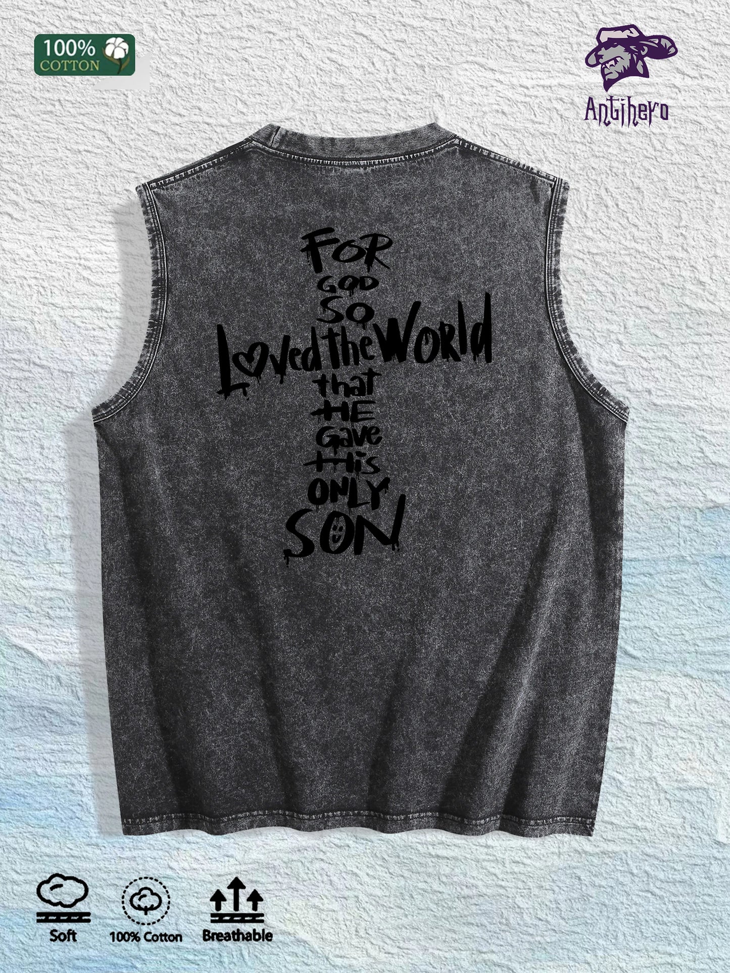 For God so Loved the World Graphic Washed Vest US Warehouse 3 Colors Cotton Tank