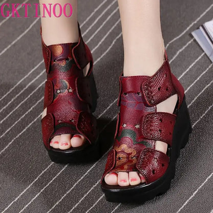 GKTINOO 2026 Ethnic Style Genuine Leather Women Shoes Sandals Wedges Sandals Handmade Genuine Leather Women Sandal