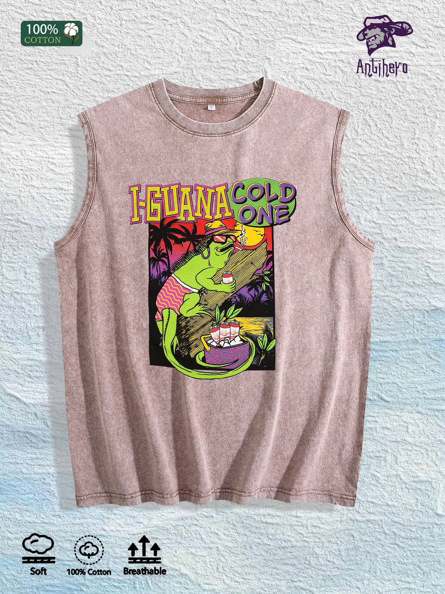 I - GUANA COLD ONE Graphic Washed Vest US Warehouse 3 Colors Cotton Tank