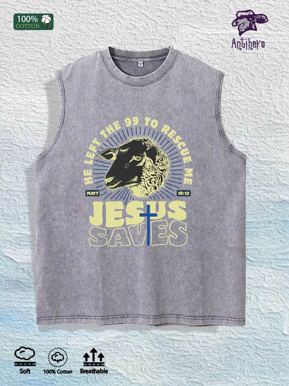 Biblical Jesus Saves" Sheep Graphic Washed Vest US Warehouse 3 Colors Cotton Tank