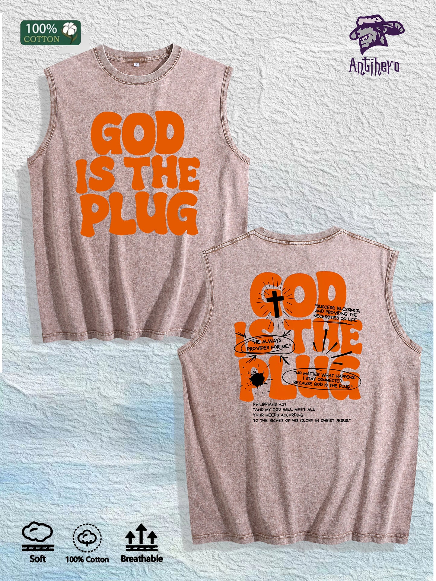 GOD IS the PLUG Graphic Washed Vest US Warehouse 3 Colors Cotton Tank