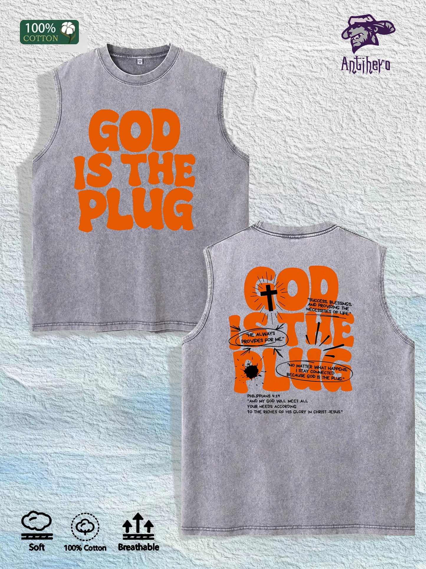 GOD IS the PLUG Graphic Washed Vest US Warehouse 3 Colors Cotton Tank