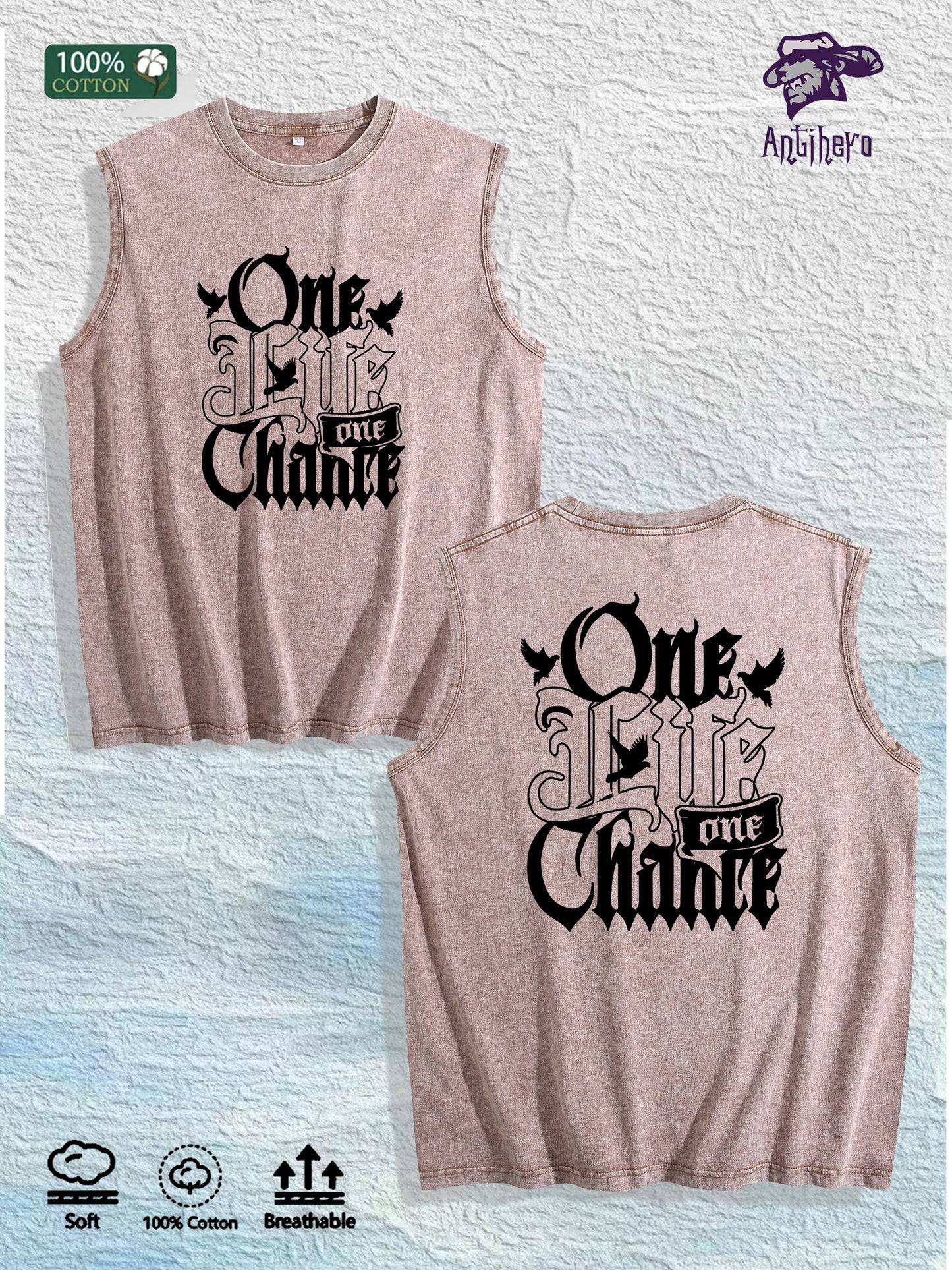 One Life One Chance Graphic Washed Vest US Warehouse 3 Colors Cotton Tank