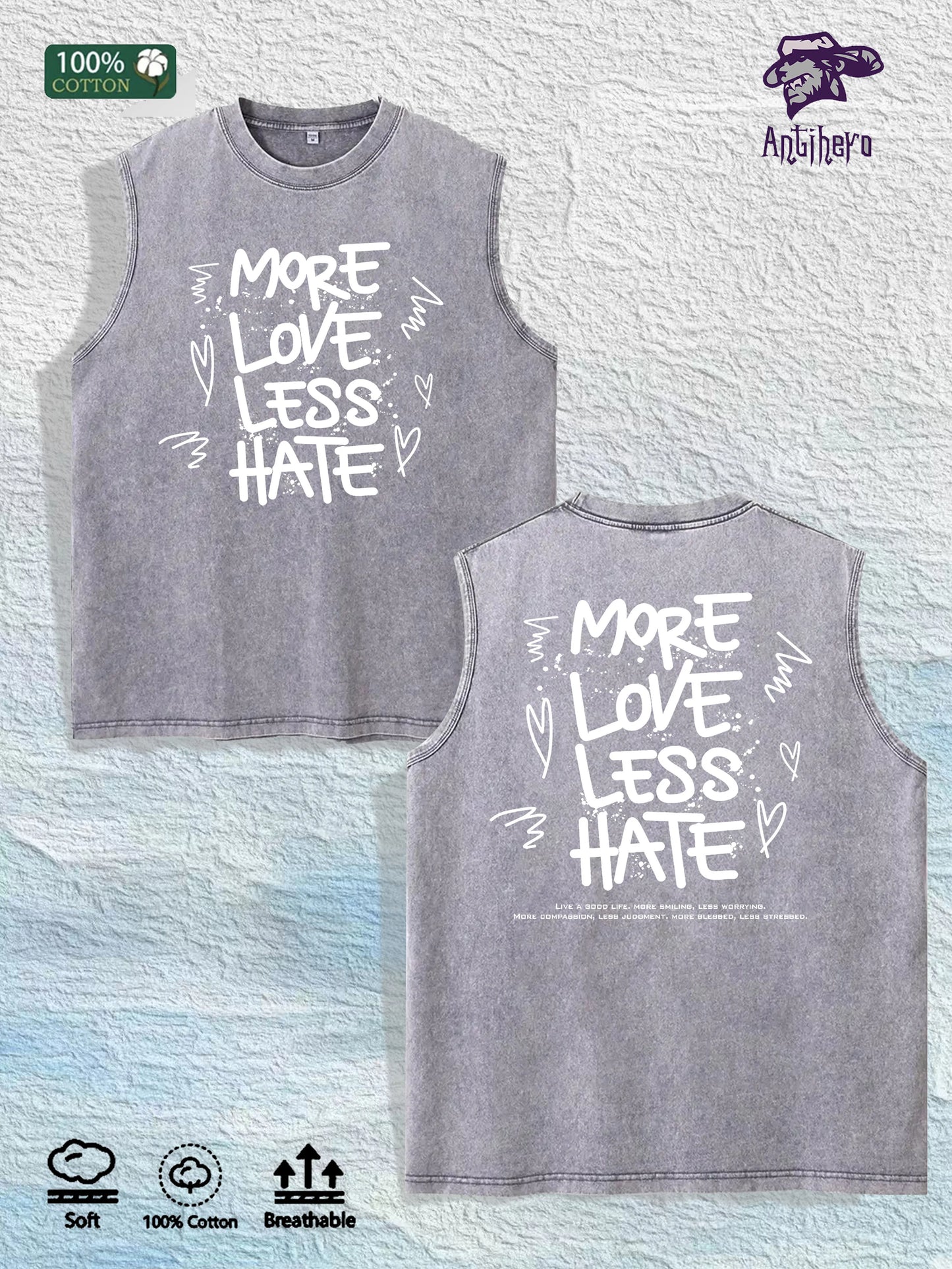 MORE LOVE LESS HATE Graphic Washed Vest US Warehouse 3 Colors Cotton Tank