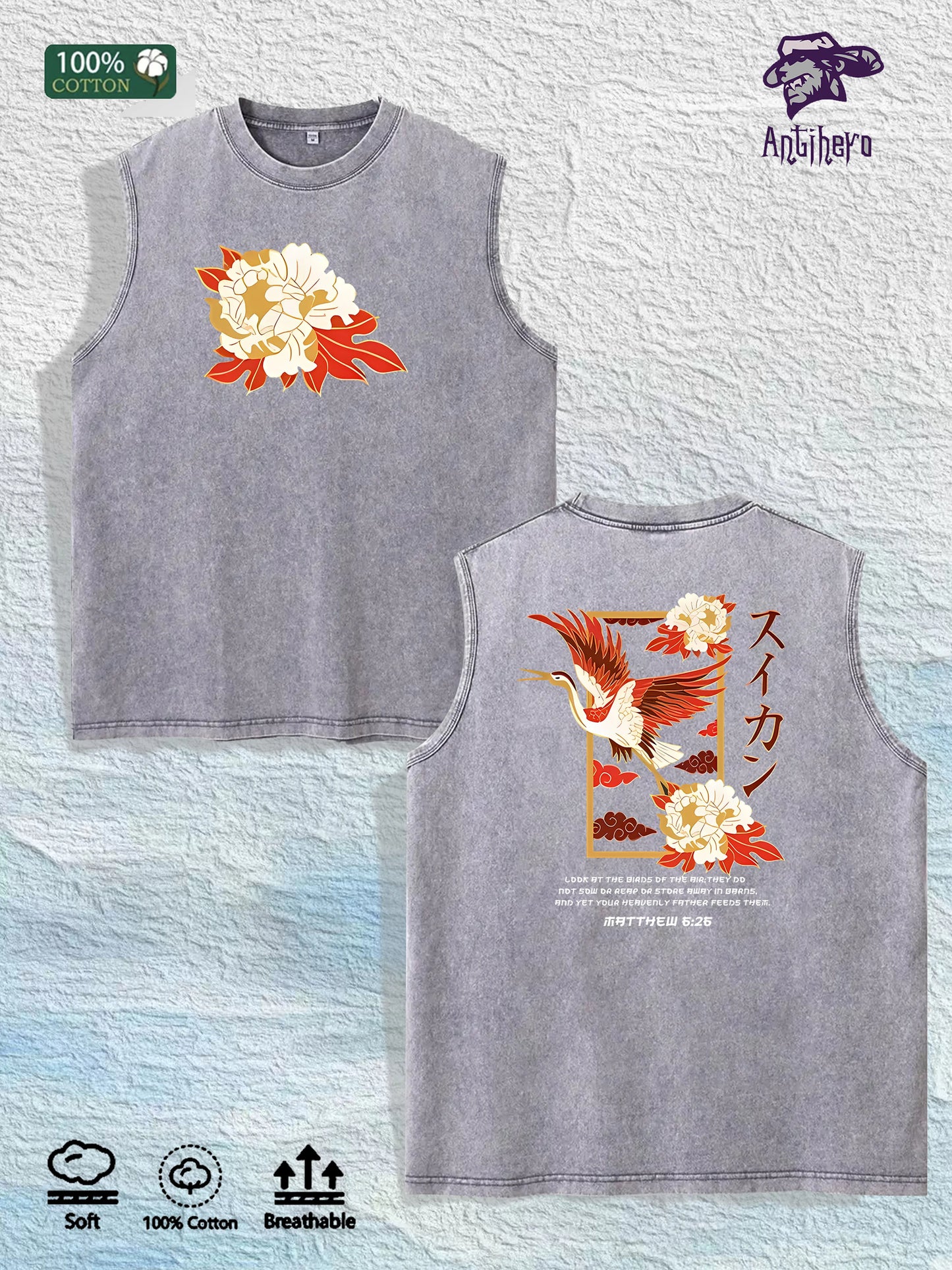 Oriental Peony & Crane Graphic Washed Vest US Warehouse 3 Colors Cotton Tank